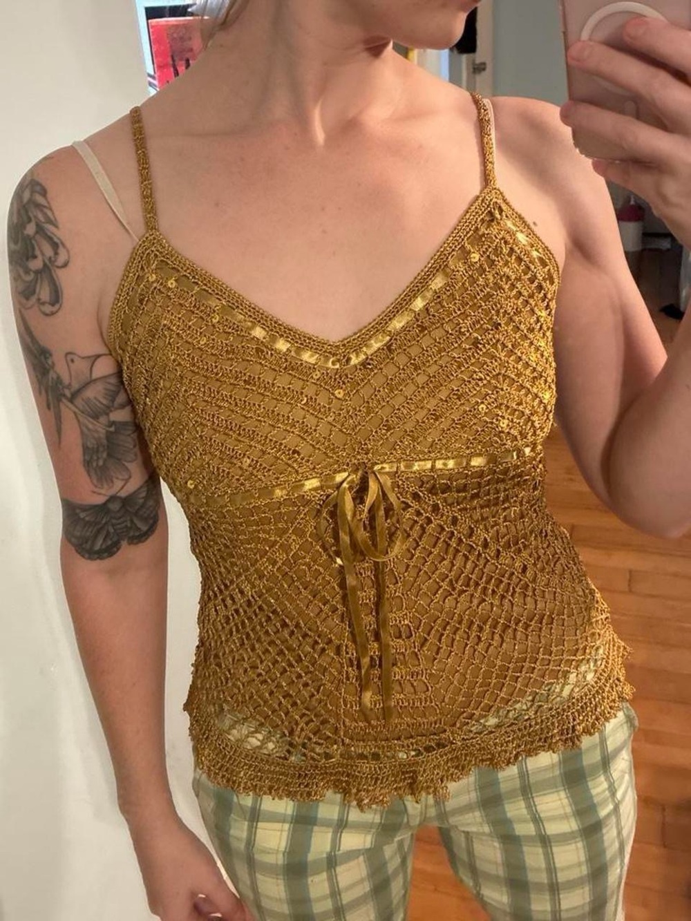 Gold Crochet Tie-Front Camisole Top by